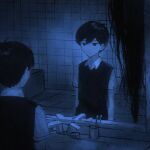  1boy bathroom black_eyes black_hair black_vest blue_theme collared_shirt dark expressionless hallucination horror_(theme) long_hair looking_at_mirror male_focus mirror nekoashi omori reflection reflection_focus shirt short_hair short_sleeves solo something_(omori) sunny_(omori) toothbrush vest white_shirt 