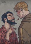  2boys alternate_facial_hair bad_id bad_tumblr_id bara beard black_hair blonde_hair blush closed_eyes collared_shirt couple cris_art ear_piercing facial_hair from_side guided_kiss heart height_difference hulkling imminent_kiss male_focus marvel multiple_boys piercing red_shirt shirt short_hair sideburns sweatdrop thick_eyebrows thick_mustache upper_body wiccan yaoi 