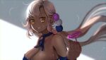  1girl absurdres advarcher blonde_hair breasts cleavage commentary dark-skinned_female dark_skin english_commentary grin hair_ornament highres hololive hololive_english large_breasts limiter_(tsukumo_sana) long_hair looking_at_viewer planet_hair_ornament smile solo tsukumo_sana twintails very_long_hair virtual_youtuber yellow_eyes 