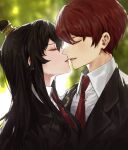  1boy 1girl black_hair black_jacket blurry blurry_background blush carol0905 closed_eyes collared_shirt commentary_request couple from_side hair_bun hand_on_another&#039;s_shoulder hetero highres imminent_kiss jacket lapels library_of_ruina long_hair lowell_(library_of_ruina) necktie notched_lapels parted_lips project_moon red_hair red_necktie shirt short_hair sidelocks single_hair_bun tie_clip white_shirt wing_collar xiao_(library_of_ruina) 