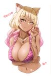  1girl absurdres animal_ears animal_print bare_shoulders bikini blonde_hair blush bracelet breasts cleavage collarbone dark-skinned_female dark_skin fate/grand_order fate_(series) fox_ears fox_girl gradient_hair highres jewelry large_breasts leopard_print long_hair looking_at_viewer multicolored_hair navel necklace pink_bikini pink_hair shinonome_(shinonome_rynn) sidelocks smile solo suzuka_gozen_(fate) swimsuit tan translation_request yellow_eyes 