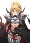  1girl armor blonde_hair braid breasts commentary_request fate/apocrypha fate_(series) french_braid green_eyes hair_ornament hair_scrunchie highres long_hair looking_at_viewer mordred_(fate) mordred_(fate/apocrypha) parted_bangs ponytail red_scrunchie scrunchie sidelocks small_breasts smile solo tonee 