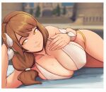  1girl absurdres alternate_costume bikini breast_focus breasts brown_hair cleavage covered_nipples fire_emblem fire_emblem_engage goldmary_(fire_emblem) hair_ribbon highres large_breasts long_hair looking_at_viewer lying mole mole_on_breast on_back on_side raichiyo33 ribbon seductive_smile smile swimsuit two-tone_bikini white_bikini white_ribbon yellow_bikini 