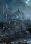  absurdres architecture bridge building castle cathedral church city cityscape cloud commentary concept_art dark_souls_(series) dark_souls_iii english_commentary european_architecture fantasy flying_buttress fog gothic gothic_architecture highres house moonlight night no_humans outdoors river road scenery sky stairs statue tower window 