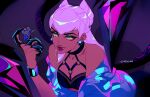  1boy artist_name asymmetrical_bangs black_choker bracelet breasts choker claw_(weapon) cone_hair_bun cropped_jacket dark_skin demon demon_girl drop_earrings earrings evelynn_(league_of_legends) eyeshadow garen_(league_of_legends) green_eyeshadow hair_bun highres jacket jewelry jinzillaa k/da_all_out_evelynn league_of_legends long_hair looking_at_viewer makeup medium_breasts o-ring off_shoulder open_clothes open_jacket purple_background purple_hair purple_jacket purple_lips revealing_clothes slit_pupils the_baddest_evelynn tiny tongue tongue_out weapon 