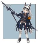  1girl animal_ear_fluff animal_ears arknights armband black_footwear black_jacket black_pants blue_background blue_gloves brown_shirt closed_mouth collared_shirt commentary_request dress_shirt gloves grani_(arknights) grey_eyes grey_hair hip_vent holding holding_polearm holding_weapon jacket kamihine long_hair open_clothes open_jacket pants polearm ponytail shirt shoes short_sleeves smile solo spear tail twitter_username two-tone_background weapon white_background 