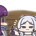  2girls :3 blunt_bangs blunt_tresses blush_stickers bottle chibi commentary earrings elf fern_(sousou_no_frieren) frieren green_eyes holding holding_bottle jazz_jack jewelry lowres multiple_girls outline parted_bangs pointy_ears purple_eyes purple_hair shaded_face short_eyebrows sidelocks smug sousou_no_frieren thick_eyebrows twintails wide_face wooden_wall 