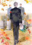  absurdres autumn_leaves black_footwear black_suit bouquet dmsco1803 formal full_body gojou_satoru grass graveyard highres holding holding_bouquet jujutsu_kaisen nanami_kento solo_focus spoilers stuffed_animal stuffed_toy suit teddy_bear tombstone vignetting white_background yaga_masamichi 