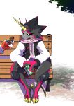  absurd_res anthro bandai_namco bench betelgammamon black_body black_sclera candy casual_clothing chocolate dessert digimon digimon_ghost_game duo ellmidmid food glowing glowing_eyes gulusgammamon hi_res horn male sitting stinger_tail 