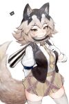 1girl animal_ear_fluff animal_ears arm_behind_back armband big_hair black_hair closed_mouth collared_shirt commentary cowboy_shot eastern_wolf_(kemono_friends) eyelashes forked_eyebrows gloves grey_hair hand_up highres jack4l japari_symbol kemono_friends kemono_friends_3 lips long_sleeves looking_at_viewer miniskirt multicolored_hair necktie open_clothes open_vest parted_bangs plaid plaid_necktie plaid_skirt pleated_skirt puffy_long_sleeves puffy_sleeves scarf shirt simple_background skindentation skirt smile solo symbol-only_commentary tail thighhighs two-tone_hair vest white_background white_gloves white_shirt white_thighhighs wing_collar wolf_ears wolf_girl wolf_tail yellow_eyes zettai_ryouiki 