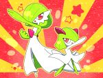  2girls arm_up bob_cut colored_skin commentary_request eye_contact flat_chest full_body gardevoir green_hair green_skin hair_over_one_eye hand_up happy heart heart_in_eye highres kirlia legs_apart looking_at_another looking_to_the_side multicolored_skin multiple_girls one_eye_covered open_mouth outline outstretched_arm pokemon pokemon_(creature) pose_imitation red_eyes short_hair sidelocks smile standing star_(symbol) sunburst sunburst_background symbol_in_eye two-tone_background two-tone_skin white_skin yellow_outline yuri_(pixiv_76483886) 