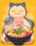  bowl cheese closed_eyes closed_mouth fangs food food_focus hand_up highres katsu_(food) katsudon_(food) kirby kirby_(series) miclot no_humans onion pokemon relaxing rice simple_background smile snorlax steam yellow_background 