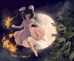  1girl :d animal_ears barefoot bloomers breasts brown_eyes brown_hair carrot_necklace commentary_request dress floppy_ears frilled_sleeves frills full_body full_moon hair_between_eyes inaba_tewi jewelry long_bangs looking_at_viewer medium_hair moon necklace night open_mouth pink_dress rabbit_ears rabbit_girl rabbit_tail ribbon-trimmed_dress satellitedragon small_breasts smile solo tail touhou underwear white_bloomers 