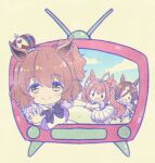  3girls ahoge animal_ears arai_cherry aston_machan_(umamusume) blush_stickers bow bowtie breasts brown_hair chibi chromatic_aberration closed_mouth crown daiwa_scarlet_(umamusume) hair_over_one_eye horse_ears large_breasts long_hair motion_lines multiple_girls one_side_up open_mouth purple_shirt reaching_towards_viewer school_uniform seal_impression shirt skirt smile solid_circle_eyes television thighhighs through_screen tracen_school_uniform twintails umamusume vodka_(umamusume) watermark waving white_skirt yellow_eyes 