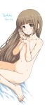  1girl after_fellatio blunt_bangs blush breasts brown_eyes brown_hair character_name completely_nude cum cum_in_mouth cum_on_hands cumdrip drooling feet hamao hetero highres idolmaster idolmaster_cinderella_girls long_hair looking_at_viewer navel nipples nude simple_background small_breasts solo steam straight_hair sweat white_background yorita_yoshino 