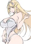 1girl arm_up blonde_hair breasts casual_one-piece_swimsuit chest_jewel choker cleavage core_crystal_(xenoblade) cowboy_shot diamond_cutout earrings highleg highleg_swimsuit highres jewelry large_breasts long_hair looking_at_viewer mythra_(radiant_beach)_(xenoblade) mythra_(xenoblade) official_alternate_costume one-piece_swimsuit ribbed_swimsuit simple_background sketch solo strapless strapless_swimsuit striped striped_one-piece_swimsuit swept_bangs swimsuit thick_thighs thighs tiara ug333333 vertical-striped_one-piece_swimsuit vertical_stripes white_choker white_one-piece_swimsuit xenoblade_chronicles_(series) xenoblade_chronicles_2 yellow_eyes 