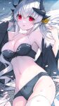  1girl bare_shoulders black_bra black_panties blush bra breasts cleavage commentary_request dragon_girl dragon_horns fate/grand_order fate_(series) highres horns kiyohime_(fate) large_breasts long_hair long_sleeves looking_at_viewer morizono_shiki navel off_shoulder panties parted_lips red_eyes smile solo stomach underwear white_hair wide_sleeves 