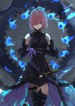  1girl armored_boots armored_leotard bare_shoulders black_thighhighs boots breasts fate/grand_order fate_(series) gloves hair_over_one_eye highres kdm_(ke_dama) large_breasts legwear_garter looking_at_viewer mash_kyrielight pink_hair purple_eyes purple_gloves shield short_hair solo sword thighhighs weapon 
