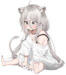  1girl absurdres aged_down ahoge animal_ear_fluff animal_ears barefoot between_legs black_nails chestnut_mouth female_child fingernails full_body grey_eyes grey_hair hair_between_eyes hand_between_legs highres hololive jewelry lion_ears lion_girl lion_tail long_hair necklace off_shoulder open_mouth oversized_clothes oversized_shirt sharp_fingernails shirt shishiro_botan shishiro_botan_(4th_costume) simple_background sitting solo spread_legs strap_slip tail virtual_youtuber white_background white_shirt yuya_(yuya_illust) 