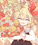  1girl blonde_hair closed_eyes crown flower frills hair_ornament highres long_sleeves red_ribbon ribbon ro.ro rumia solo touhou 