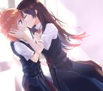  2girls absurdres backlighting brown_eyes brown_hair closed_eyes commentary dress dutch_angle from_side hand_on_another&#039;s_back hand_on_another&#039;s_cheek hand_on_another&#039;s_face highres kiss koito_yuu long_hair medium_hair multiple_girls nanami_touko nowoka orange_hair pinafore_dress school_uniform sleeveless sleeveless_dress tohmi_higashi_high_school_uniform yagate_kimi_ni_naru yuri 