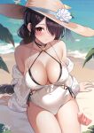  1girl absurdres beach black_hair blue_archive blush braid breasts flower guri_(gri1211) hair_over_one_eye halo hat hat_flower highres hinata_(blue_archive) hinata_(swimsuit)_(blue_archive) large_breasts long_hair looking_at_viewer lotion official_alternate_costume one-piece_swimsuit red_eyes sitting solo sun_hat sunscreen swimsuit wet white_one-piece_swimsuit 