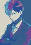  1boy blue_eyes blue_gloves blue_hair blue_jacket blue_necktie blue_sweater brown_eyes closed_mouth collared_shirt commentary_request crossed_arms gloves heterochromia jacket limited_palette lobotomy_corporation long_sleeves male_focus medu_(rubish) multicolored_hair necktie project_moon purple_hair ribbed_sweater scowl shirt short_hair solo sweater turtleneck turtleneck_sweater upper_body white_shirt yesod_(project_moon) 