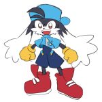  1boy blue_headwear blue_shirt blue_shorts full_body gloves kaze_no_klonoa klonoa koke_ojisan looking_at_viewer lowres open_mouth orange_eyes red_footwear shirt shorts simple_background solo standing white_background yellow_gloves 