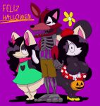  anthro bottomwear breasts canid canine canis clothing costume crow_(thedeathcrow) domestic_dog female footwear fox group halloween hi_res holidays lilith_(thedeathcrow05) male mammal one_eye_obstructed shirt shoes skirt smile thedeathcrow05 topwear trio tunic 