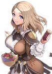  1girl alternate_hairstyle apple basket blonde_hair blue_eyes breasts brown_dress can commentary_request cookie dress fire_emblem fire_emblem:_three_houses fire_emblem_warriors:_three_hopes food fruit gonzarez hand_up highres holding large_breasts long_hair looking_at_viewer medium_hair mercedes_von_martritz official_alternate_costume official_alternate_hairstyle simple_background smile solo upper_body white_background 