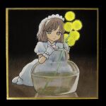  1girl black_border border bottle bow bowtie brown_eyes brown_hair commentary_request dress expressionless flower full_body gloves headdress highres looking_at_viewer minigirl original parted_lips rustle short_hair sitting sketch solo water white_dress white_gloves yellow_flower 