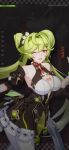  1girl ai-chan_(chrono_navi)_(honkai_impact) ai-chan_(honkai_impact) bare_shoulders black_headwear breasts chakram character_name english_text fingerless_gloves gloves green_bracelet green_hair highres holding holding_weapon honkai_(series) honkai_impact_3rd large_breasts leggings long_hair looking_at_viewer official_art official_wallpaper one_eye_closed open_mouth standing upper_body weapon 