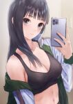  1girl absurdres bangs black_eyes black_hair black_sports_bra blue_reflection_sun blunt_bangs breasts cellphone cleavage collarbone hair_over_breasts highres jacket jacket_partially_removed kishida_mel looking_at_viewer medium_breasts navel open_clothes open_jacket phone selfie smartphone solo sports_bra sportswear track_jacket xiao_meiqi 