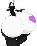  2023 absurd_res anthro big_butt black_hair butt clothing eyewear hair hi_res holding_object holding_weapon huge_butt hyper hyper_butt lagomorph leporid male mammal rabbit simple_background solo stemingbunbun sunglasses weapon white_background 