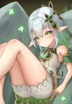  1girl absurdres bare_legs bare_shoulders blush cat closed_mouth couch cross-shaped_pupils detached_sleeves dress flat_chest genshin_impact gold_trim gradient_hair green_dress green_eyes green_hair grey_hair hair_between_eyes hair_ornament highres leaf_hair_ornament legs_up looking_at_viewer lying medium_hair multicolored_hair nahida_(genshin_impact) on_back on_couch pointy_ears short_dress short_shorts short_sleeves shorts sleeveless sleeveless_dress solo symbol-shaped_pupils two-tone_dress white_dress white_shorts xiao_xiao_tian 