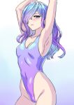  1girl armpits arms_up blue_eyes character_request commentary_request covered_navel cowboy_shot fate/grand_order fate_(series) gradient_hair hai_(h81908190) hair_over_one_eye highleg highleg_leotard highleg_swimsuit leotard looking_at_viewer multicolored_hair one-piece_swimsuit purple_leotard purple_one-piece_swimsuit solo swimsuit 