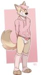  absurd_res anthro balls bedroom_eyes blush bottomwear canid canine clothing digital_media_(artwork) erection fennec fox full-length_portrait fur genitals hair hands_behind_back hi_res hoodie humanoid_genitalia hybrid long_socks male mammal narrowed_eyes naughty_face penis pink_bottomwear pink_clothing pink_hair pink_hoodie pink_topwear portrait pose seductive shy simple_background solo solo_focus tail tan_body tan_fur tan_legs tan_tail teasing topwear wonivero 