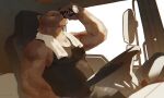  2023 anthro bear belly beverage beverage_can biceps big_belly black_clothing black_shirt black_tank_top black_topwear bottomwear clothing drinking eyes_closed hi_res inside_truck itymnro male mammal manly musclegut muscular pants pecs raised_arm shirt slightly_chubby solo steering_wheel tank_top topwear towel towel_around_neck triceps trucker 