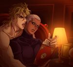  2boys black_eyes black_nails book dark-skinned_male dark_skin desk_lamp dio_brando enrico_pucci fangs highres hug hug_from_behind jojo_no_kimyou_na_bouken lamp licking licking_another&#039;s_face male_focus mrg_dm multiple_boys reading red_eyes scar scar_on_neck stone_ocean turtle vampire white_hair 