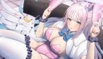  1girl angel_wings animal_ears blue_archive blush breasts cafenami capelet fake_animal_ears highres large_breasts leotard long_hair looking_at_viewer mika_(blue_archive) parted_lips pink_hair pink_leotard rabbit_ears solo strapless strapless_leotard thighhighs white_capelet white_thighhighs white_wings wings yellow_eyes 