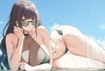  1girl artist_name bare_arms bare_shoulders bikini black_hair blue_sky blush breasts cleavage closed_mouth collarbone commentary_request commission english_commentary green_bikini green_eyes highres keenh large_breasts long_hair looking_at_viewer lying navel on_side original outdoors sky smile solo sunglasses swimsuit thighs water 