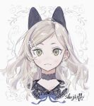  1girl :&lt; blonde_hair blue_ribbon bright_pupils cat_ear_hairband choker collarbone commentary cropped_shoulders dangle_earrings earrings flower_earrings fusuma_(nohbrk) green_eyes hair_ornament hairclip highres jewelry lace lace-trimmed_collar lace_choker lace_trim light_blush light_smile long_hair looking_at_viewer messy_hair neck_ribbon original parted_bangs portrait rhinestone ribbon short_eyebrows signature slit_pupils solo straight-on symbol-only_commentary white_pupils 