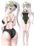  1girl ass back back_focus barefoot black_one-piece_swimsuit breasts commission competition_swimsuit covered_navel cowboy_shot diving_mask diving_mask_on_head from_behind full_body goggles goggles_on_head green_eyes grey_hair highres indie_virtual_youtuber kotoha_rimu long_hair looking_at_viewer looking_back medium_breasts ncontrail_(mgax7527) one-piece_swimsuit side_ponytail simple_background skeb_commission smile solo swimsuit two-tone_swimsuit very_long_hair virtual_youtuber white_background zoom_layer 