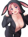  1girl :d animal_costume animal_ears blush breasts cleavage collarbone cowboy_shot fake_animal_ears fake_tail honda_naoki large_breasts long_hair long_sleeves looking_at_viewer mikakunin_de_shinkoukei navel open_mouth parted_bangs pink_hair purple_eyes rabbit_costume rabbit_ears rabbit_tail simple_background sleeves_past_wrists smile sweat tail unzipped white_background xiaohong_(you_can_eat_the_girl) 