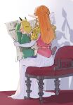  1boy 1girl belt blonde_hair brown_belt brown_footwear dress facing_another fox_mask green_headwear green_tunic highres holding holding_newspaper link long_hair mask newspaper pointy_ears princess_zelda short_sleeves sitting sitting_on_lap sitting_on_person the_legend_of_zelda the_legend_of_zelda:_ocarina_of_time white_dress yamori_(yamoooon21) 