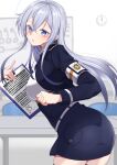  1girl 86_-eightysix- a10_(avxv8374) absurdres ahoge blue_eyes breasts clock grey_hair hair_between_eyes highres holding holding_notepad long_hair long_sleeves looking_back notepad open_mouth uniform vladilena_millize whiteboard 