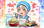  1boy black_gloves blonde_hair blue_collar blue_headwear blue_sailor_collar blush border bowl chopsticks collar crossdressing cup earrings fingerless_gloves food gloves gradient_border hat heart heart-shaped_mouth holding holding_chopsticks jewelry male_focus mubo noodles original otoko_no_ko plate rainbow_border rainbow_gradient ramen sailor_collar sailor_hat school_uniform serafuku shirt sleeveless star_(symbol) table upper_body water white_background white_shirt wrist_cuffs yellow_eyes 