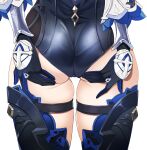  1girl ass ass_focus bellone eula_(genshin_impact) from_behind genshin_impact gloves hands_on_own_ass highres long_sleeves solo thick_thighs thigh_strap thighhighs thighs white_background 