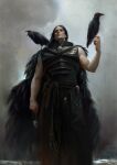  1boy absurdres animal_on_shoulder animal_skull armor bare_arms belt bird bird_on_hand bird_on_shoulder black_armor black_eyes black_hair black_robe black_sclera caw cloud cloudy_sky colored_sclera commentary corvus_corax_(warhammer) crow english_commentary falconry_hood feather_cape from_below highres holding holding_jewelry holding_necklace jewelry long_hair male_focus muscular muscular_male necklace official_art oruam outdoors photoshop_(medium) power_armor primarch rape raven_guard robe sky solid_eyes solo_focus warhammer_40k 