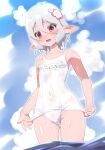  1girl adjusting_clothes adjusting_swimsuit antenna_hair blue_sky blush breasts cameltoe cloud cloudy_sky commentary covered_navel covered_nipples cowboy_shot crotch_seam day elf flower frown grey_hair hair_flower hair_ornament kohsaka_jun kokkoro_(princess_connect!) looking_at_viewer name_tag old_school_swimsuit one-piece_swimsuit open_mouth outdoors pink_flower pointy_ears princess_connect! purple_eyes school_swimsuit see-through short_hair sky small_breasts solo sparkle standing swimsuit wading water wet white_one-piece_swimsuit 